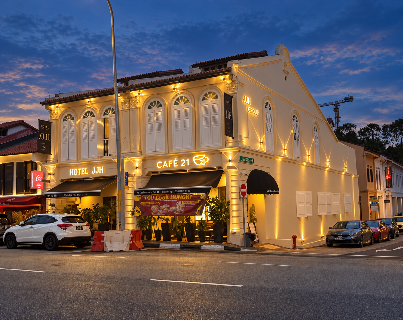 Hotel JJH conserved shophouse illuminated at blue hour